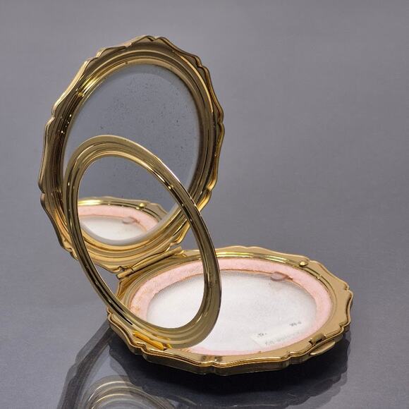 Vtg 50s Stratton Powder Compact Mirror Marbled Jade Green Gold Tone Made England - Picture 3 of 16